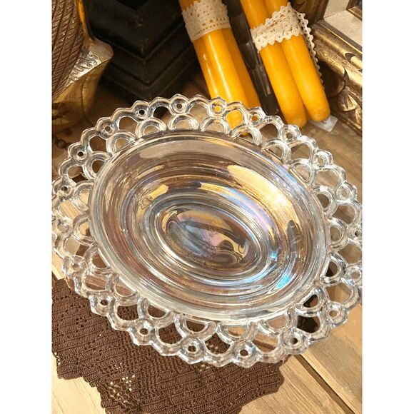 Large Crystal Carnival Glass Turkey on Nest Dish – Lace Edge Trinket Box – Mosse - Picture 3 of 5